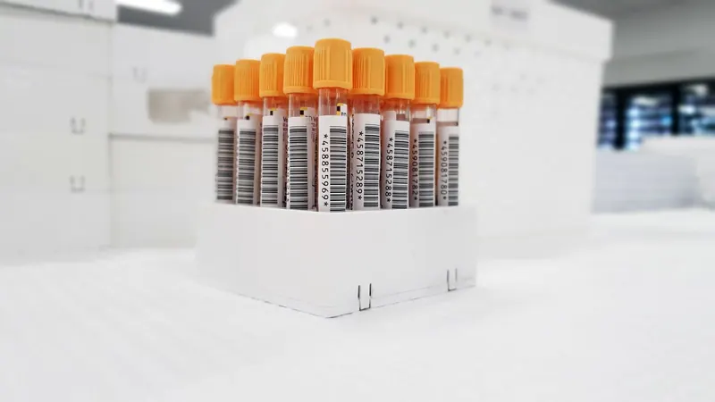 Rack of capped blood sample tubes on a white lab bench